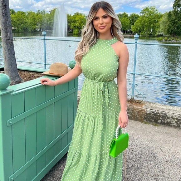 Polka Dot Print Maxi Dress Tie Belt High Neck White Green Long Flared Halter - Picture 9 of 13